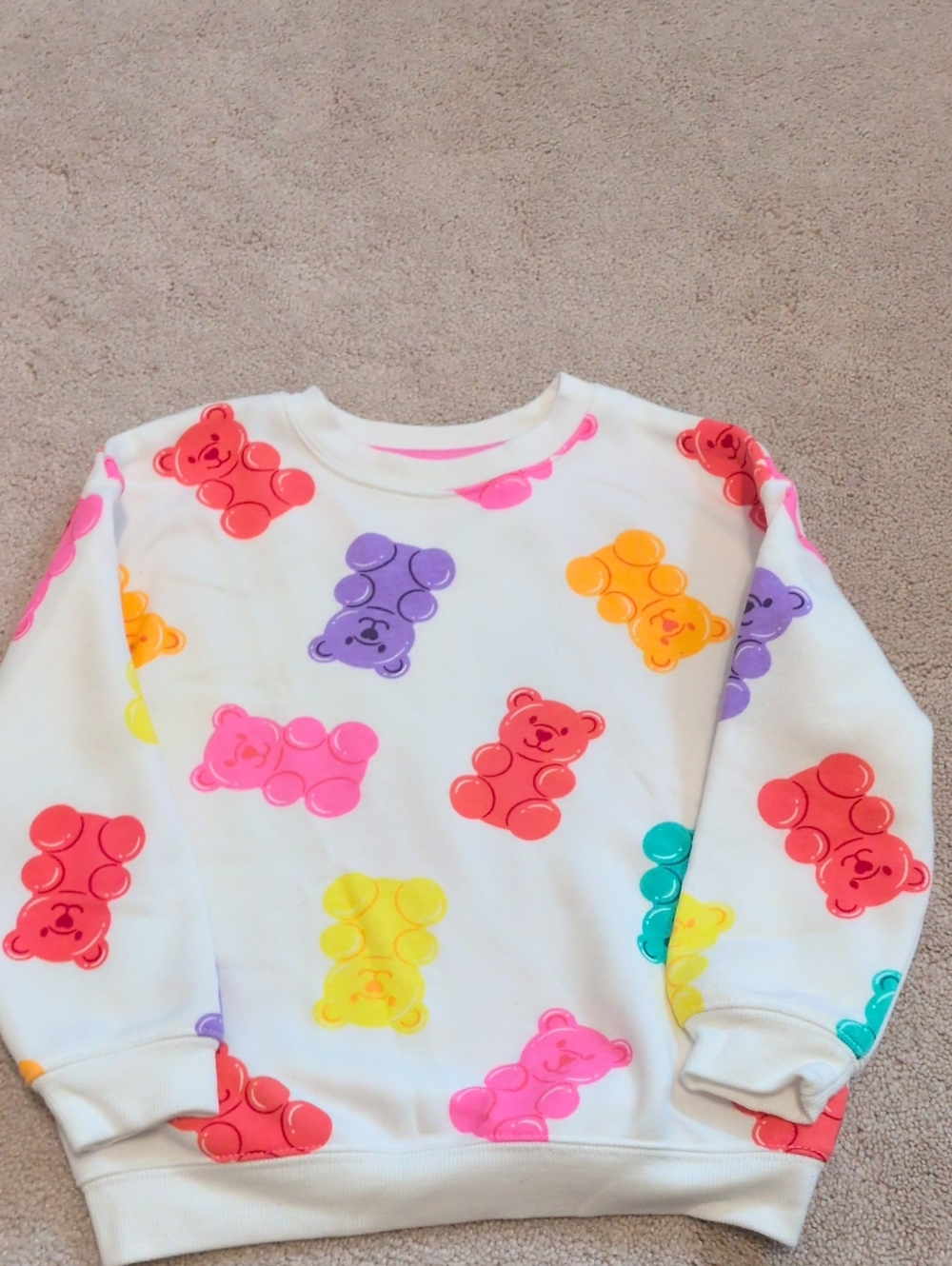 Kids White Crewneck Sweatshirt with Rainbow Gummy Bear Print - 5T